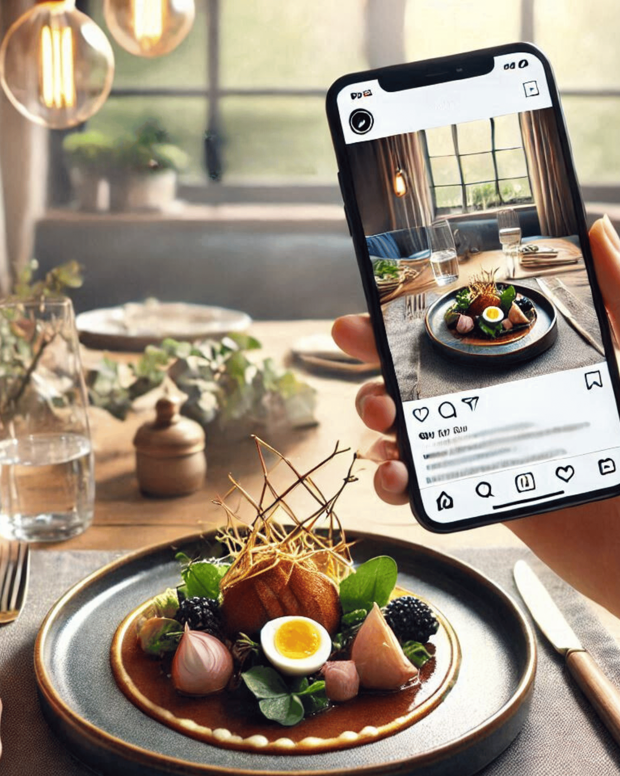 A professionally plated dish being photographed with a smartphone for Instagram. The dish features a soft-boiled egg, blackberries, and garnishes on a dark ceramic plate with golden rim. In the phone's screen, you can see the Instagram interface displaying the photo. The scene is set in a restaurant with warm lighting from pendant bulbs and includes table settings with glassware and decorative plants in the background. featured restaurant social media guide