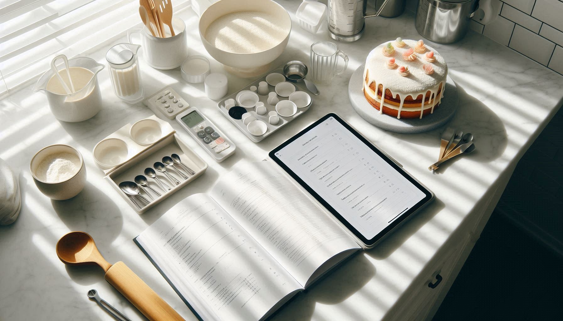 Food business systems laid out on white marble counter showing digital apps, recipe documentation, measuring tools, and a finished cake in natural lighting - showcasing modern dark kitchen organization