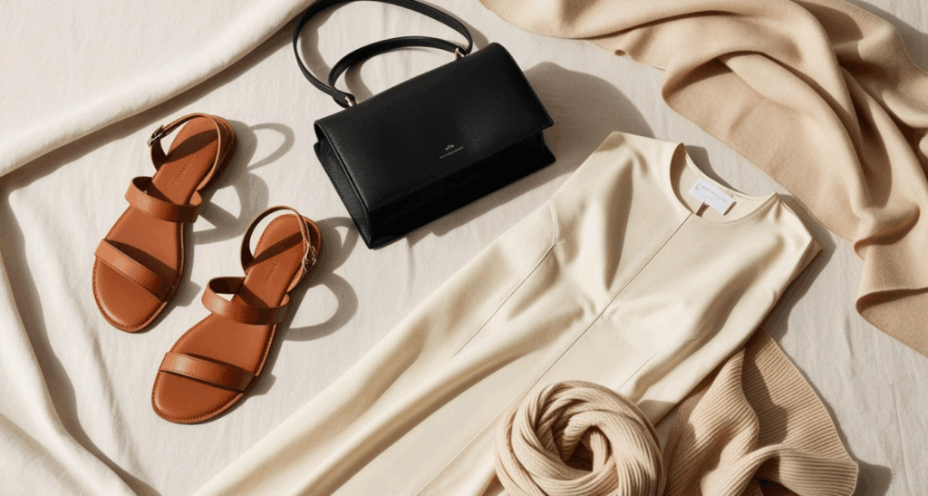 Elegant quiet luxury essentials featuring minimalist leather sandals, a black handbag, and cream garments arranged on neutral fabric, embodying understated elegance and quality craftsmanship.