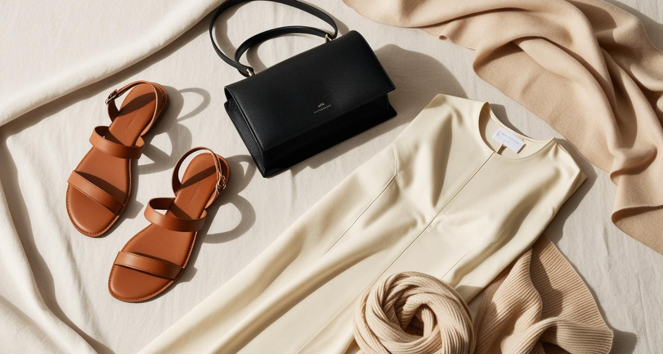 Elegant quiet luxury essentials featuring minimalist leather sandals, a black handbag, and cream garments arranged on neutral fabric, embodying understated elegance and quality craftsmanship.