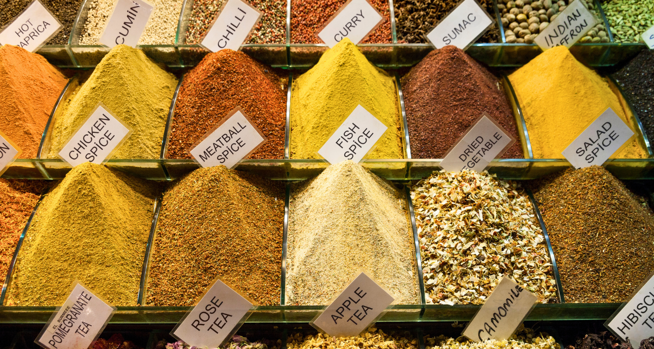 Photo from a spice market display, there's essential spices for cooking, exotic spices and spice mixes