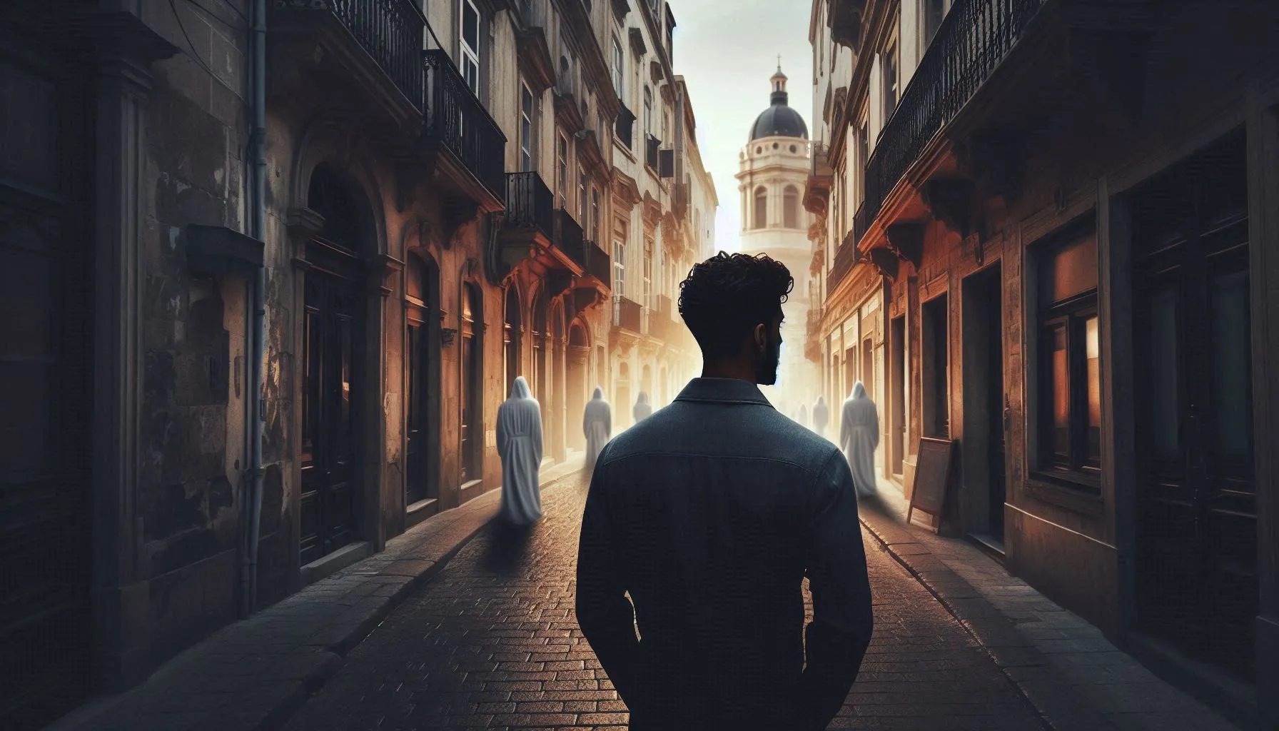 Man of color facing Semana Santa hooded figures on a narrow Spanish street, symbolizing racial identity in Spain.