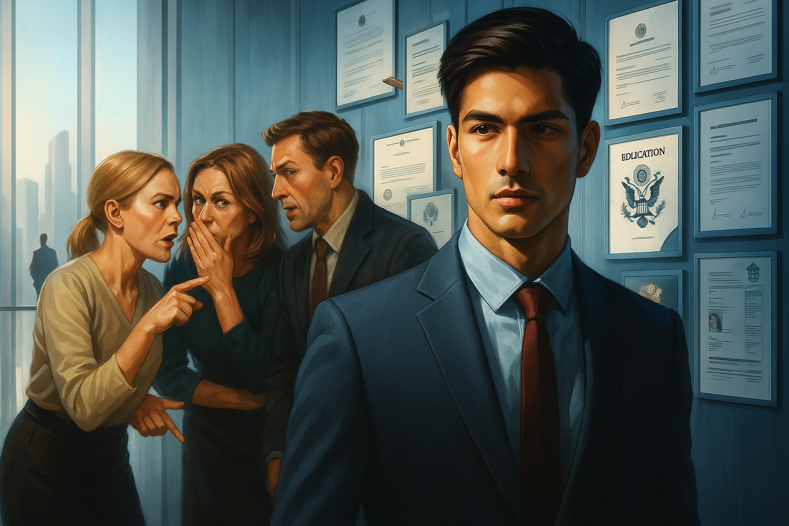 A young professional man in a suit stands confidently in a modern office with framed diplomas and certificates behind him, while three colleagues whisper and point in the background — symbolizing intersectional disadvantage and unseen workplace bias.