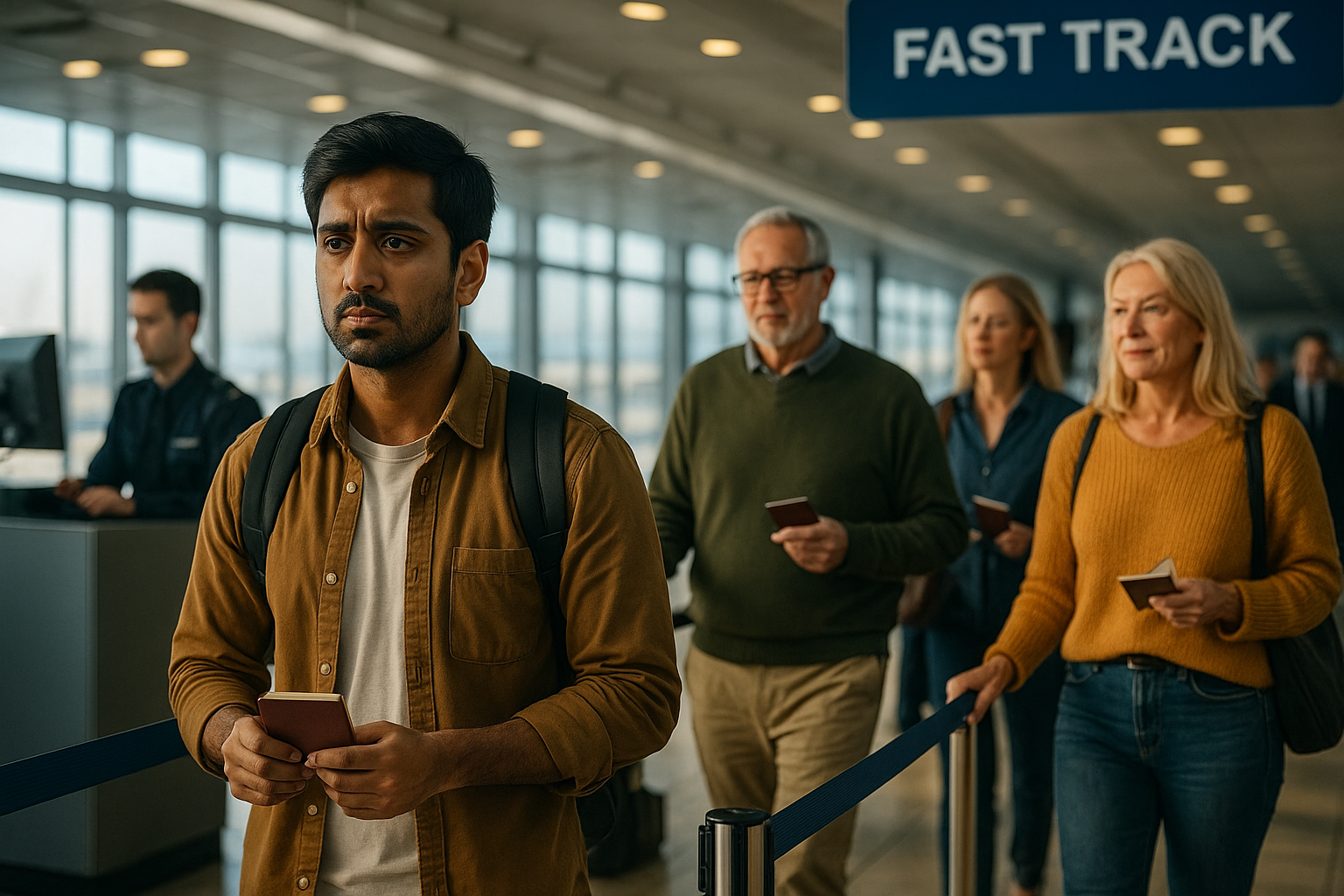 At an airport immigration checkpoint, a South Asian man stands in the standard line holding his passport with a concerned expression, while several white travelers walk past him through the “Fast Track” lane — illustrating global passport privilege and unequal mobility.