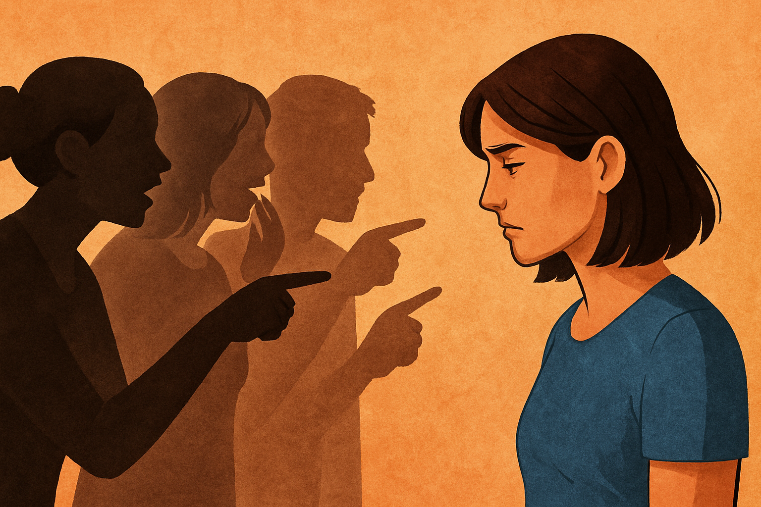 Illustration of a woman standing alone in a blue shirt while three shadowy figures point fingers and gossip about her, symbolizing the emotional cost of speaking up for yourself and setting boundaries.