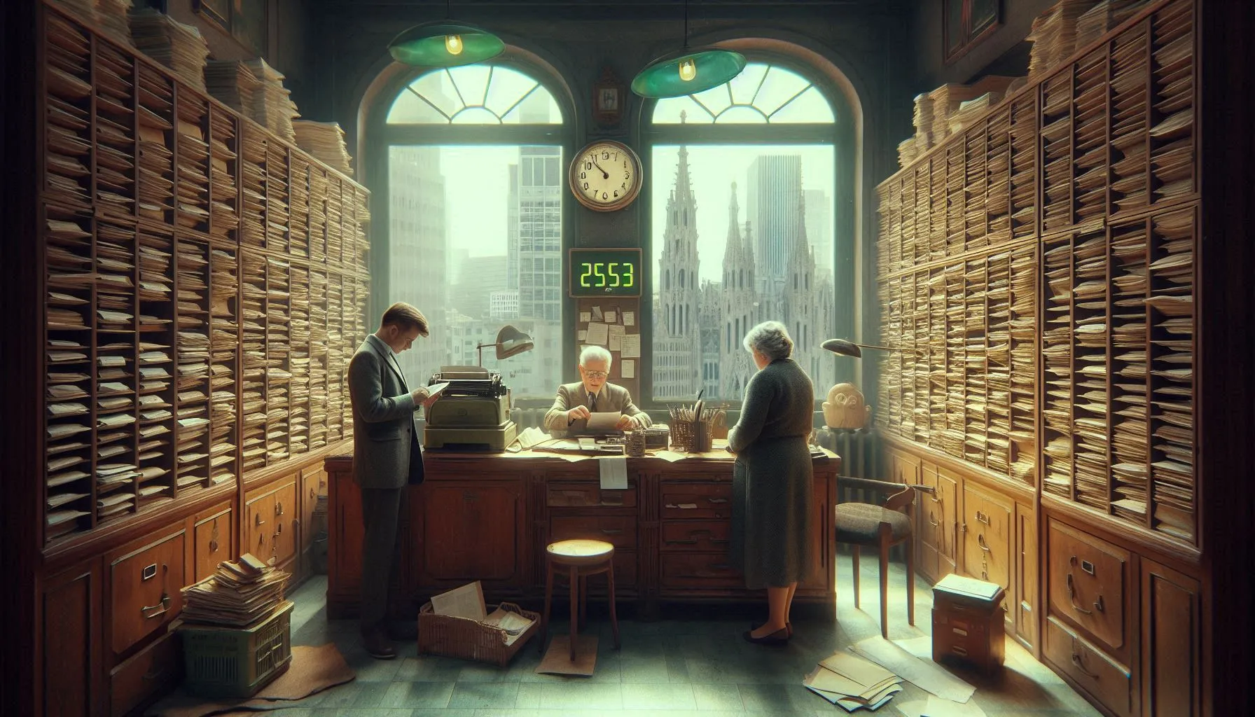 Vintage-style office filled with paper files and aging clerks processing documents manually, symbolizing Spain’s outdated and paper-heavy bureaucracy.