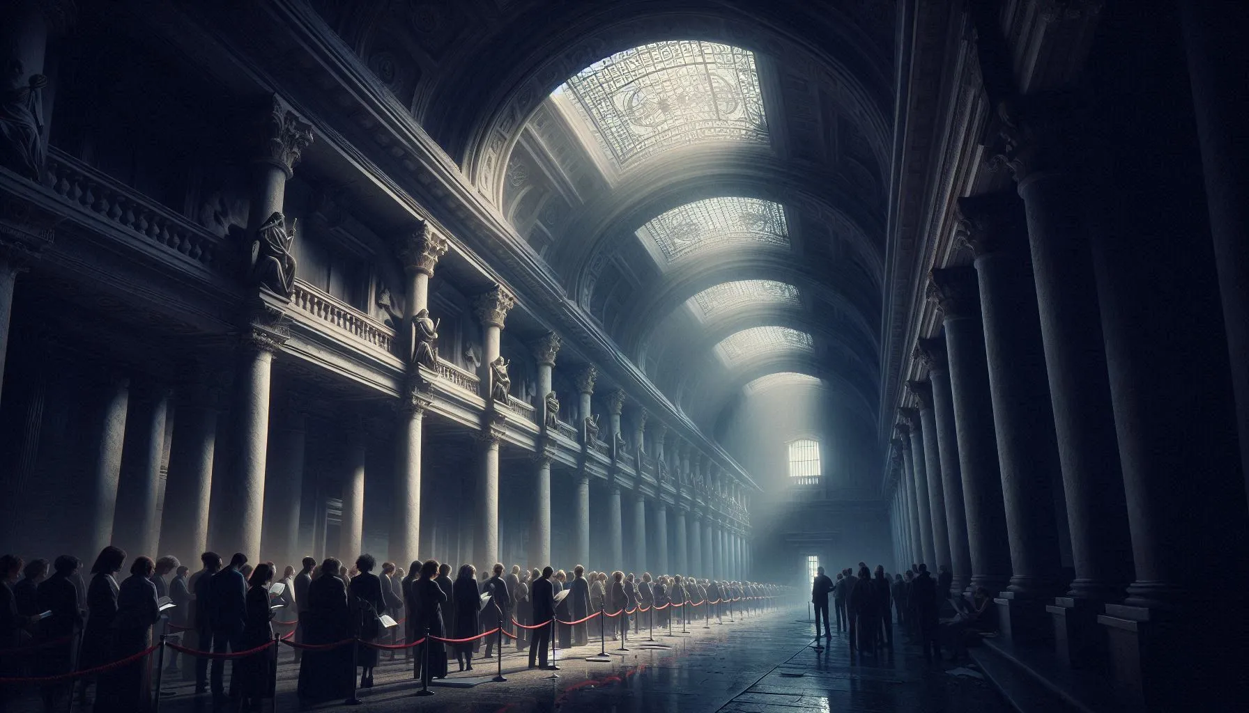 People waiting in a long line inside a grand, dimly lit European government building, symbolizing bureaucratic delays and inefficiency in Spain.
