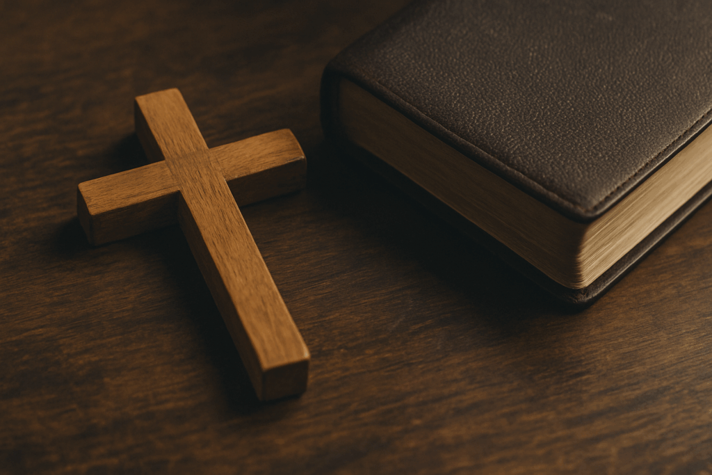 A wooden Christian cross and a leather-bound Bible resting on a dark wood table, symbolizing Catholic family hypocrisy and performative faith.