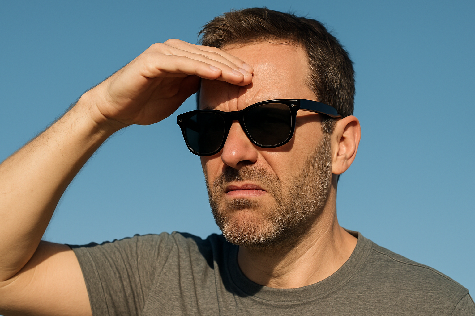 Close-up of a man wearing black sunglasses and shielding his eyes from the sun with his hand under a clear blue sky, representing eye sensitivity and UV protection concerns.