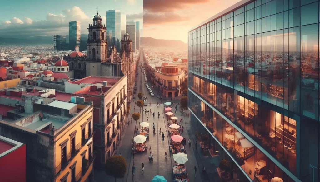 Split view of traditional and modern cityscape representing urban transformation in Mexico and Spain.
