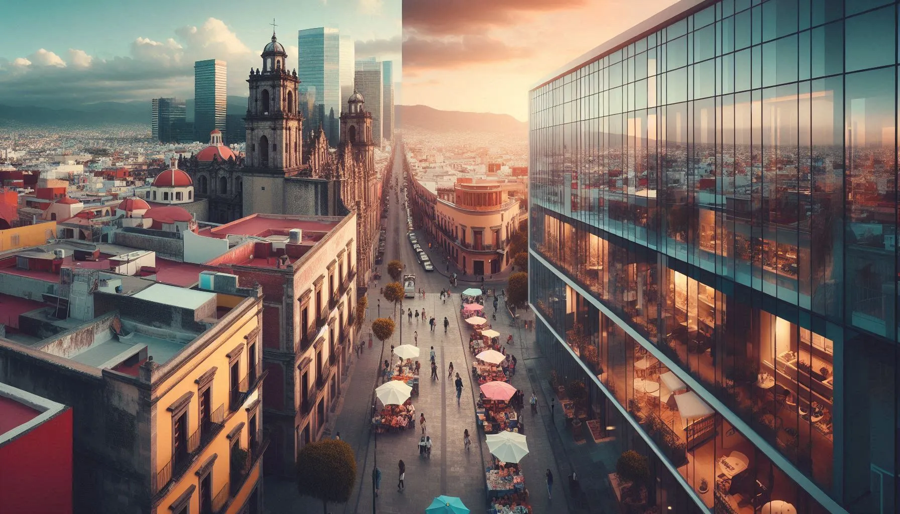 Split view of traditional and modern cityscape representing urban transformation in Mexico and Spain.