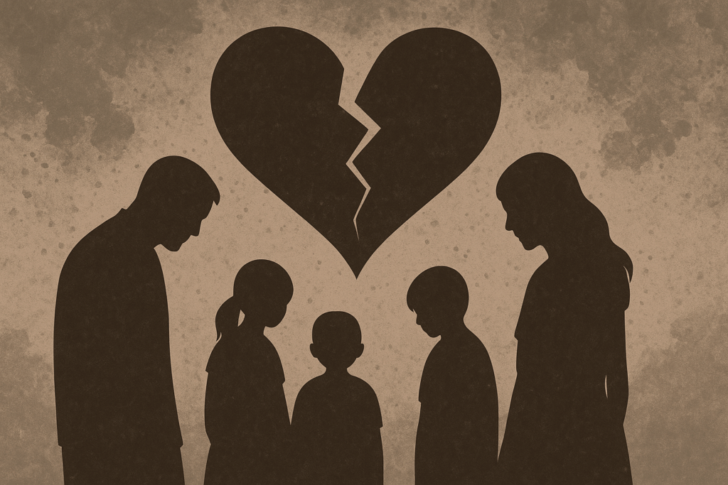 Abstract digital illustration depicting a broken family with silhouetted parents and children separated by a fractured heart, symbolizing the collapse of traditional marriage and family unity.