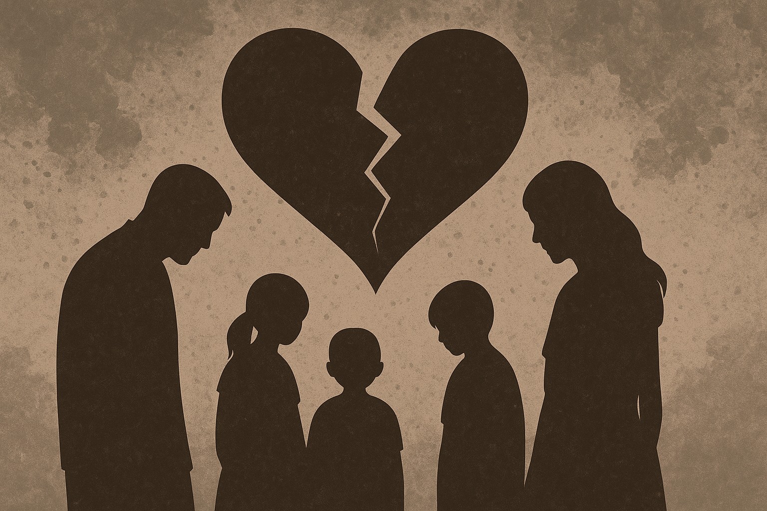 Abstract digital illustration depicting a broken family with silhouetted parents and children separated by a fractured heart, symbolizing the collapse of traditional marriage and family unity.
