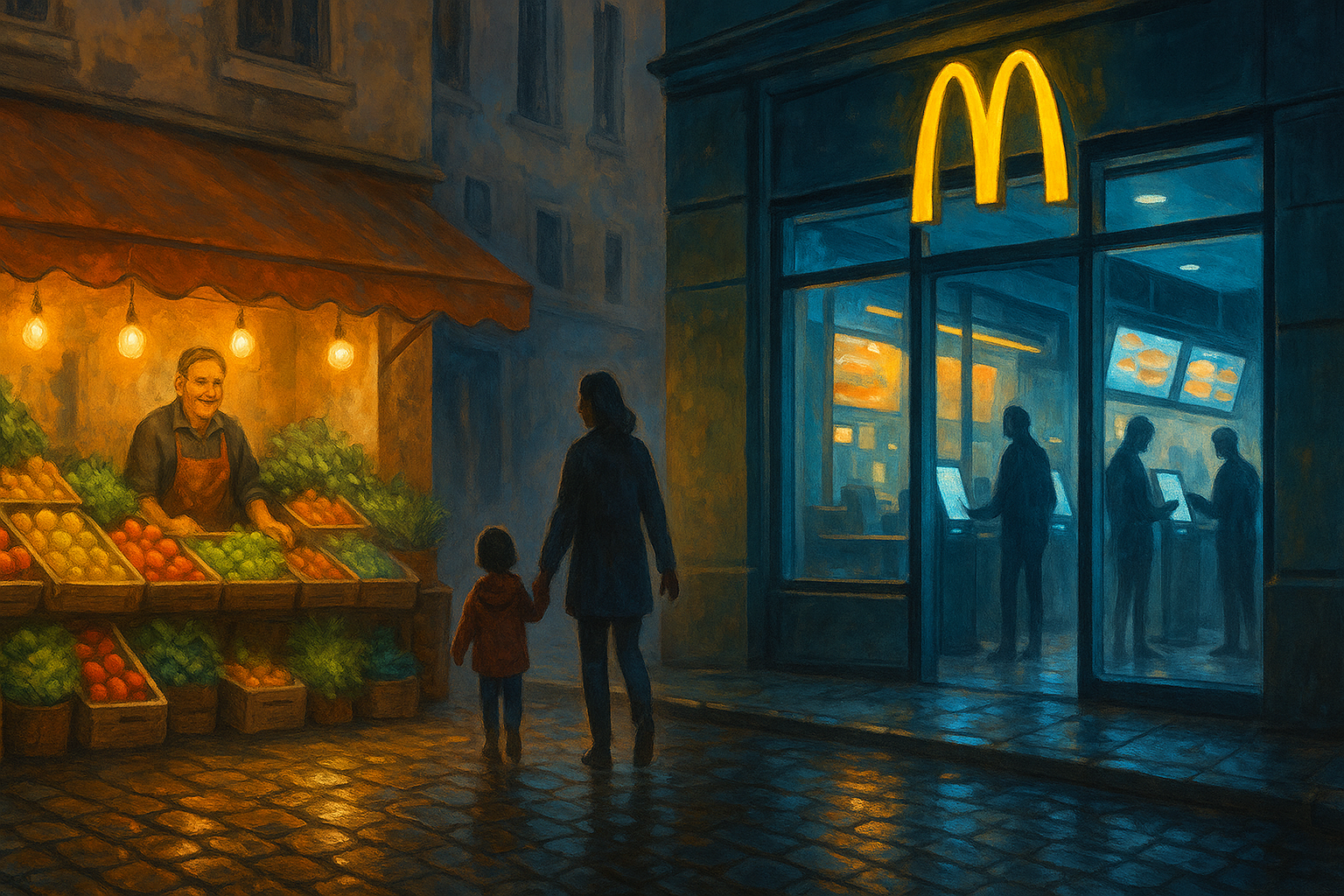 A semi-realistic painting of a European street at dusk, showing a vivid contrast between tradition and modernity. On the left, a warmly lit fruit and vegetable stall overflows with apples, tomatoes, and leafy greens, with a smiling shopkeeper under glowing bulbs. On the right, a sleek fast-food outlet glows in cool neon blue, with silhouetted figures using self-service kiosks inside. In the middle, a mother and child walk hand in hand across wet cobblestones, which reflect the warm and cool lights in painterly strokes. The scene balances nostalgia and modern sterility in one frame.