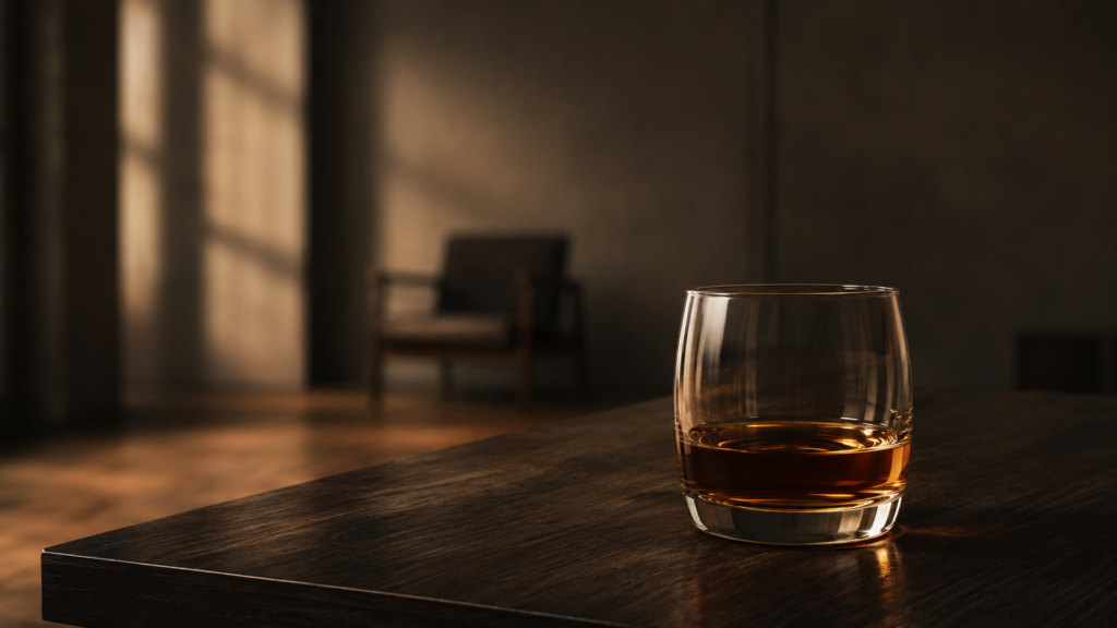 Glass of whiskey on dark table symbolizing cultural normalization of alcohol and its effects on the brain