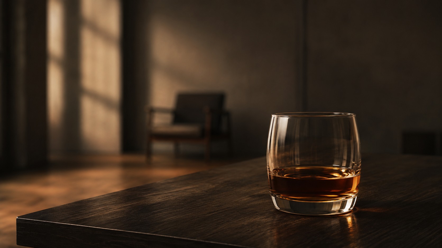 Glass of whiskey on dark table symbolizing cultural normalization of alcohol and its effects on the brain
