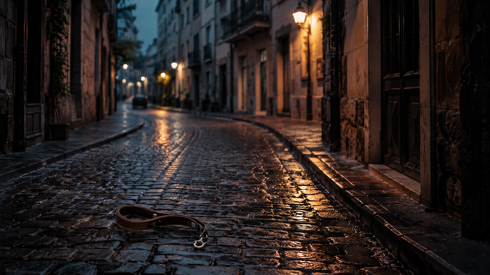 Empty cobblestone alley at dusk with a discarded leash, symbolizing the hidden cycle behind the modern compassion economy
