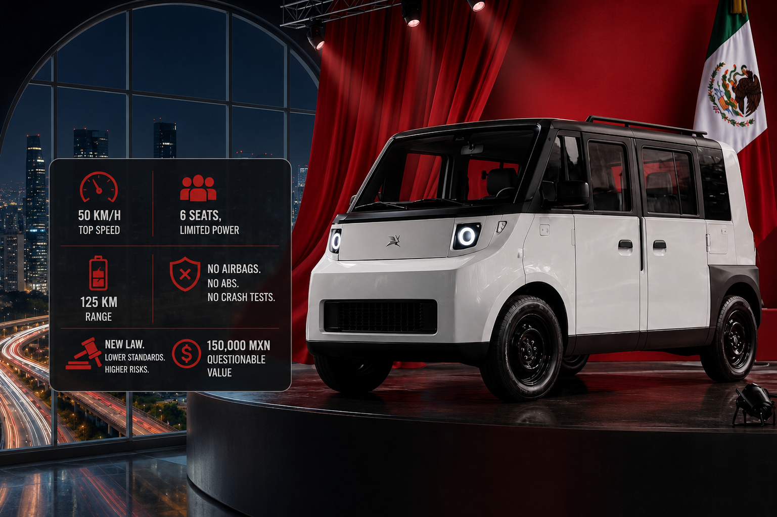 A stylized editorial illustration featuring Mexico's first domestically developed electric vehicle, the Olinia Uno, positioned prominently in the foreground. The compact white electric microcar is set against a dramatic red, black, and white backdrop inspired by the Mexican flag. In the background, industrial manufacturing imagery, the Angel of Independence monument, and a modern city skyline symbolize national industry, innovation, and urban transportation. A white rabbit-like Olinia logo appears above the vehicle, while bold brushstroke textures and high-contrast lighting create a political and symbolic atmosphere. The image conveys themes of national pride, technological ambition, and the debate surrounding Mexico's push for a homegrown electric vehicle industry.