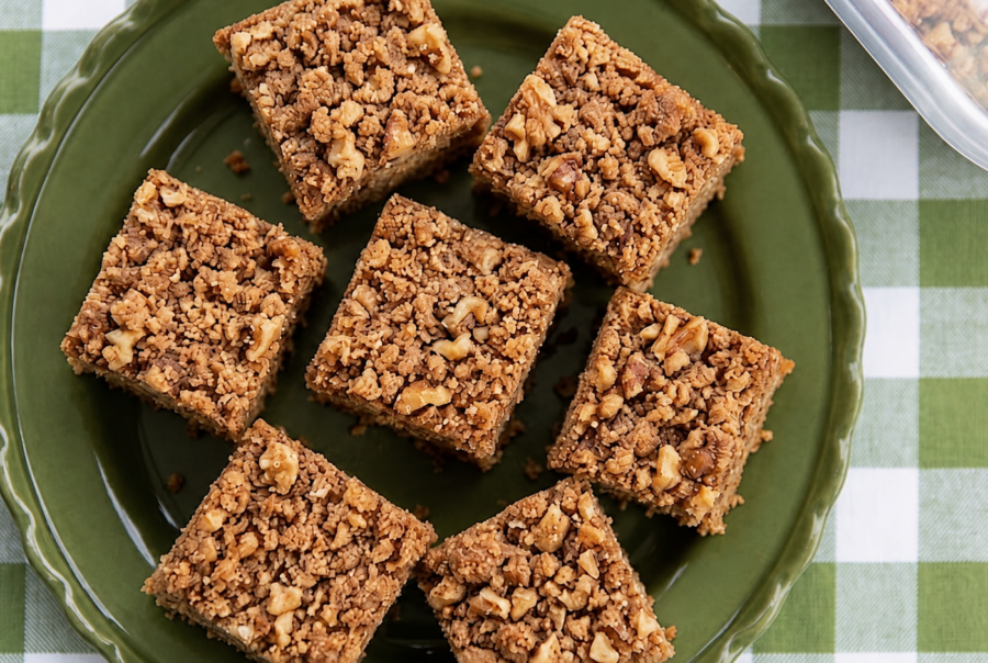 Top view of homemade caramelized banana & walnut crumb cake squares arranged on a green ceramic plate over a green and white checkered tablecloth. Banana Bread