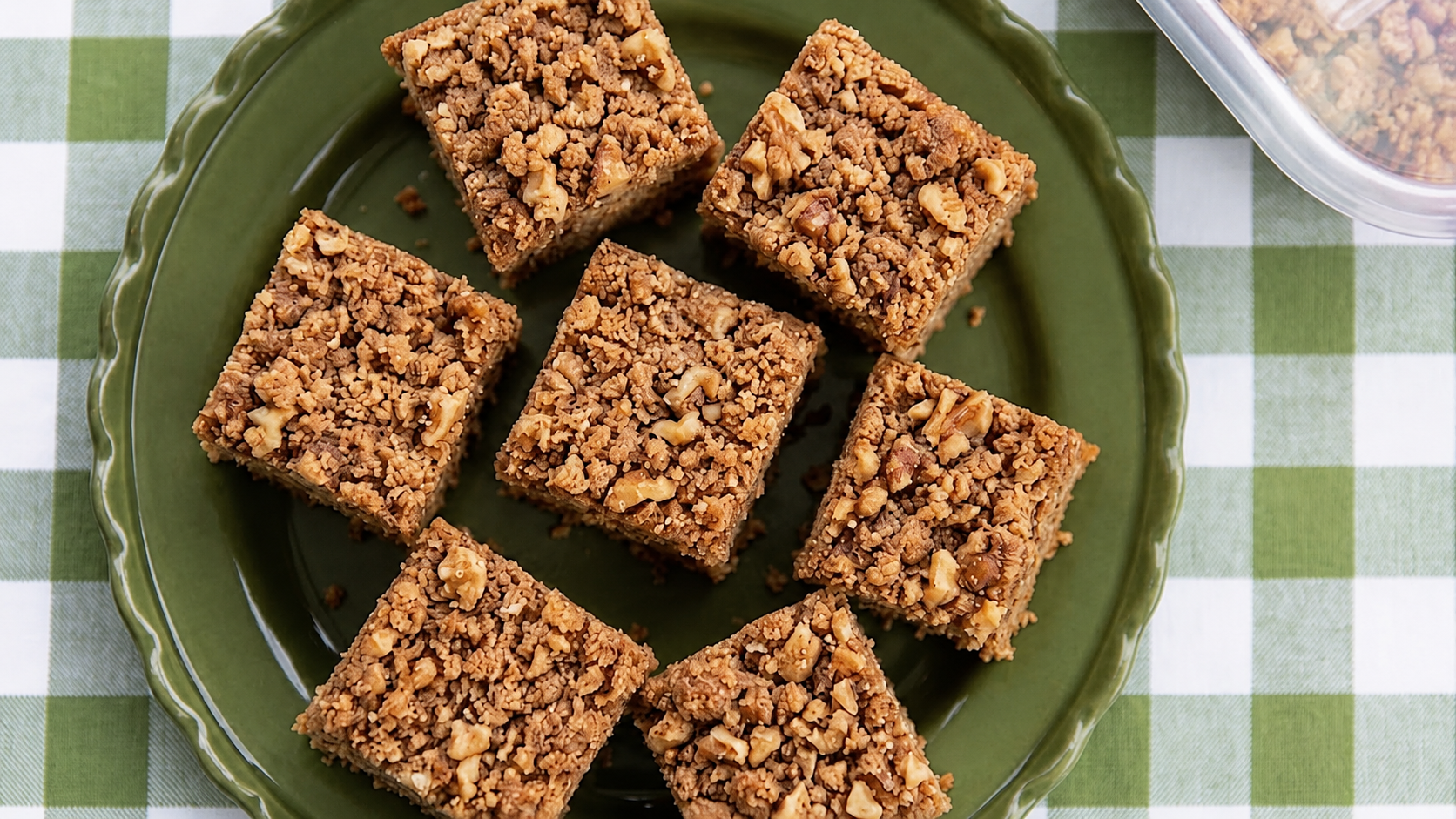 Top view of homemade caramelized banana & walnut crumb cake squares arranged on a green ceramic plate over a green and white checkered tablecloth. Banana Bread