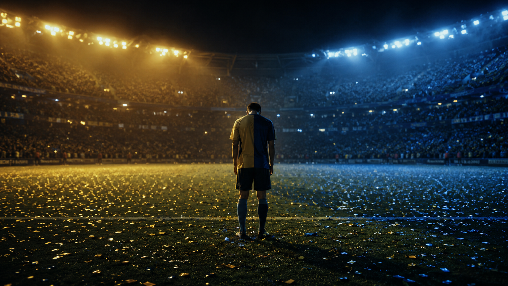 Empty football stadium at night with a lone player in silhouette turning away from the pitch, dipicting argentinas world cup loss and symbolizing Argentina's controversial conduct after the 2026 World Cup final loss to Spain