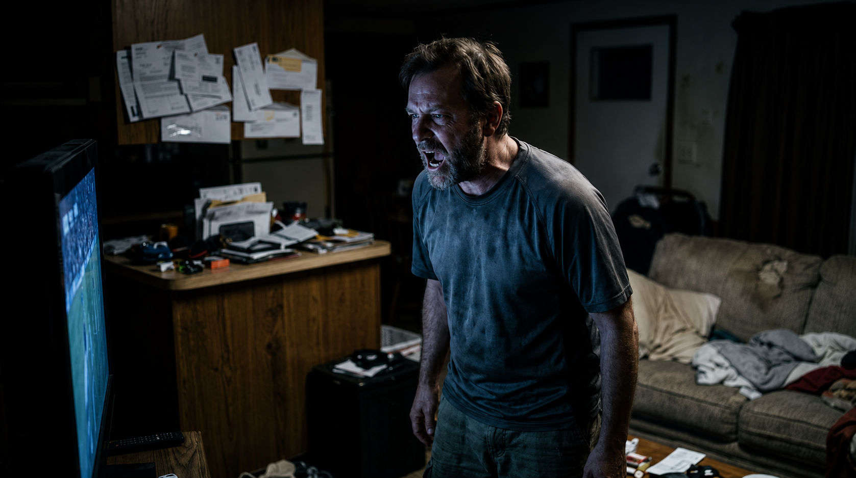 A gritty, high-contrast photojournalistic photograph of a weary, middle-aged man standing alone in a dark, messy living room. He is dressed in a plain, dark t-shirt and is captured mid-shout, his face contorted in an intense expression of desperate rage mixed with exhaustion. The scene is illuminated solely by the cold, bluish light emitting from a television screen just out of frame, casting deep shadows across the room. In the dimly lit, out-of-focus background, details of a strained home life are visible, including a worn-out sofa with exposed stuffing and a kitchen counter cluttered with unpaid bills and paperwork.