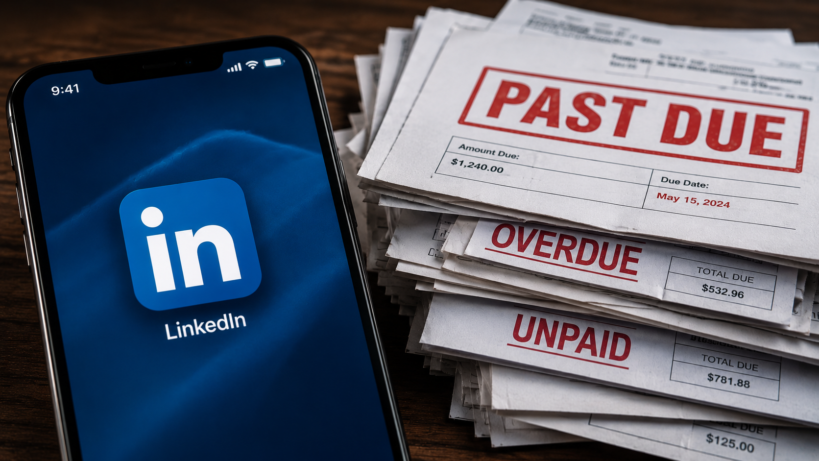 LinkedIn app icon on a phone screen next to a stack of unpaid bills, representing the LinkedIn is a scam argument