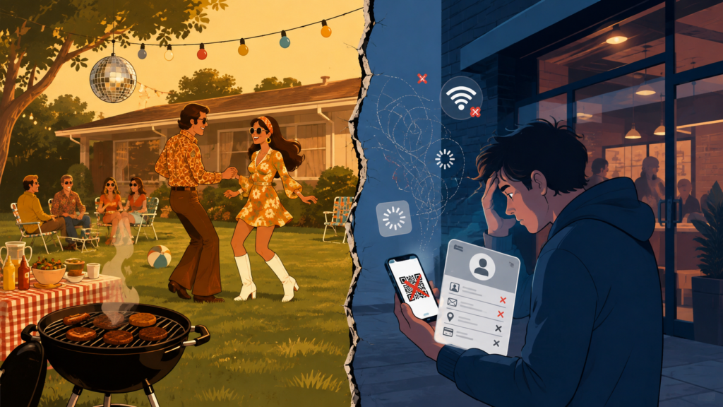 Boomer barbecue nostalgia vs modern app fatigue and digital friction with QR code errors