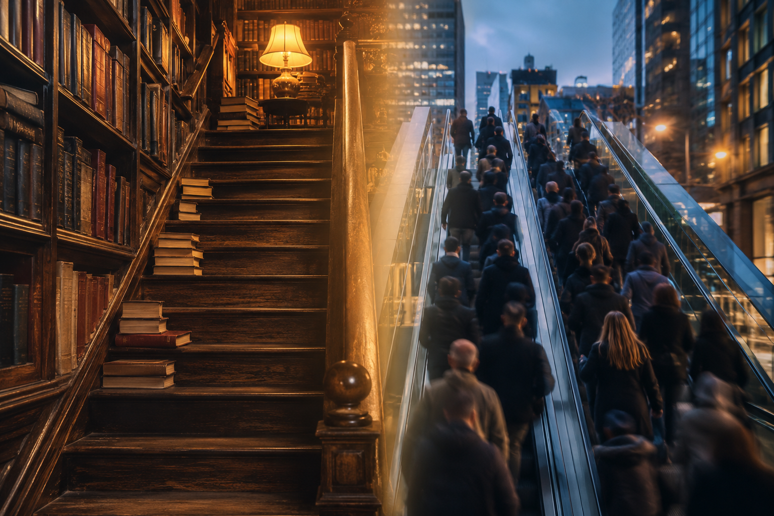 Why Bret Stephens is wrong about AI — staircase of books versus a crowded escalator, symbolizing craft versus shortcuts.
