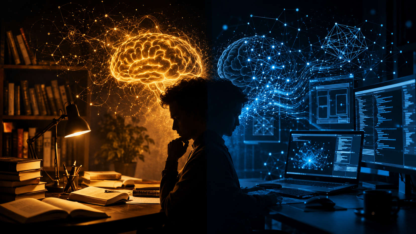 Is AI making us dumb illustration showing a brain lit by books on one side and AI screen on the other