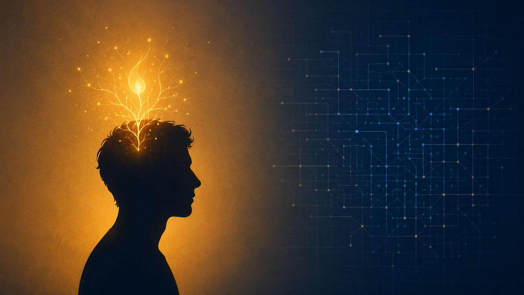 Human silhouette with a glowing spark of original thought above the head, contrasted with a faint circuit pattern, representing the idea "is AI eventually going to take over"