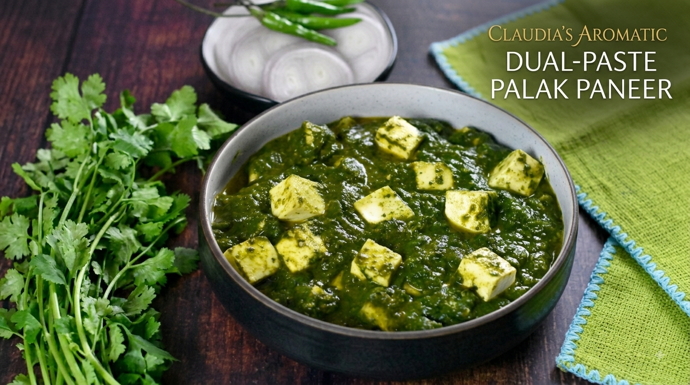 Palak paneer Recipe - soft paneer cubes in a dark bowl, served with cilantro and green chilies
