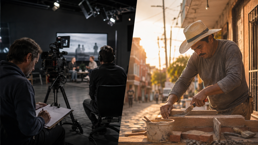 LATAM overwork crisis myth: European TV documentary crew filming next to a skilled Mexican mason working confidently at golden hour