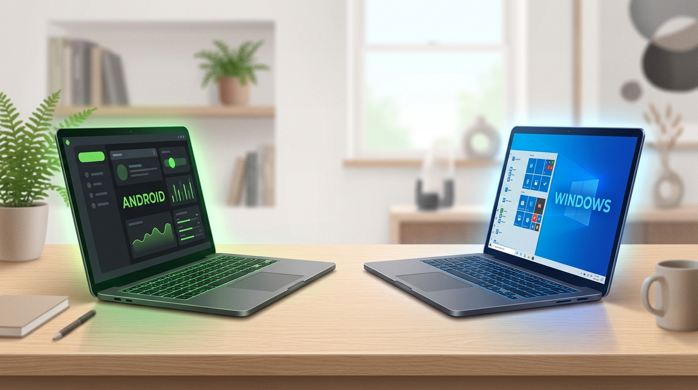 Android PC vs Windows 11 comparison showing two laptops side by side, one running an Android interface and the other running Windows 11