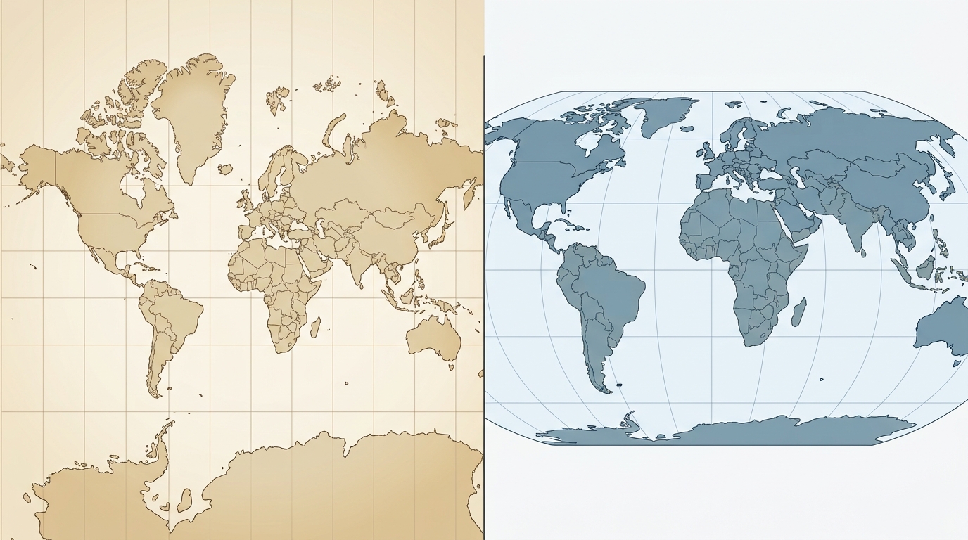 Mercator map distortion comparison showing Greenland oversized next to Africa on the left and true proportions on an equal area map on the right