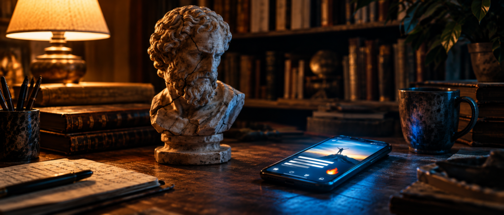 A classic marble bust of a Greek philosopher sits on a vintage library desk, gazing down at a modern glowing smartphone screen. In the blurred background, old bookshelves represent the historical foundation of learning, contrasting with the digital monetization of knowledge and social media metrics displayed on the device.