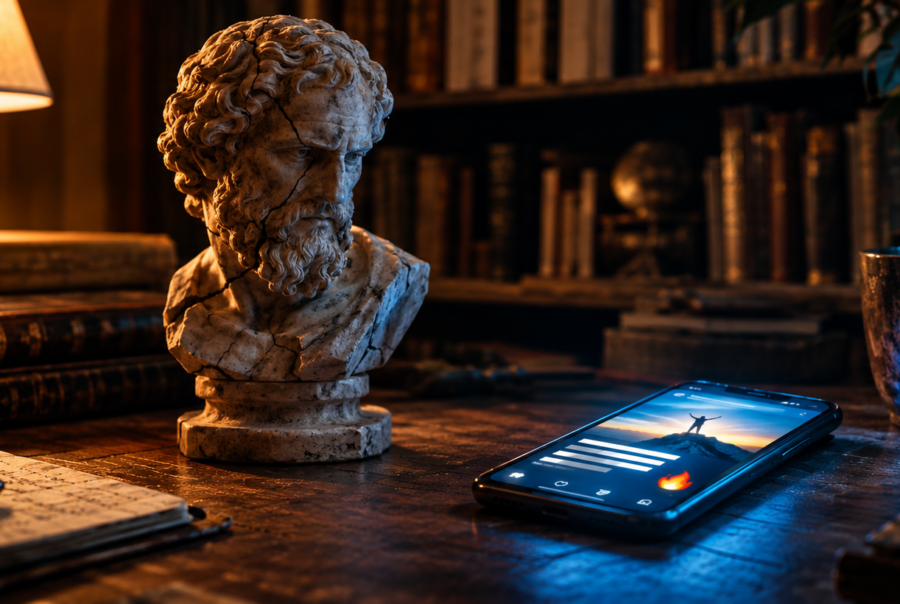 A classic marble bust of a Greek philosopher sits on a vintage library desk, gazing down at a modern glowing smartphone screen. In the blurred background, old bookshelves represent the historical foundation of learning, contrasting with the digital monetization of knowledge and social media metrics displayed on the device.