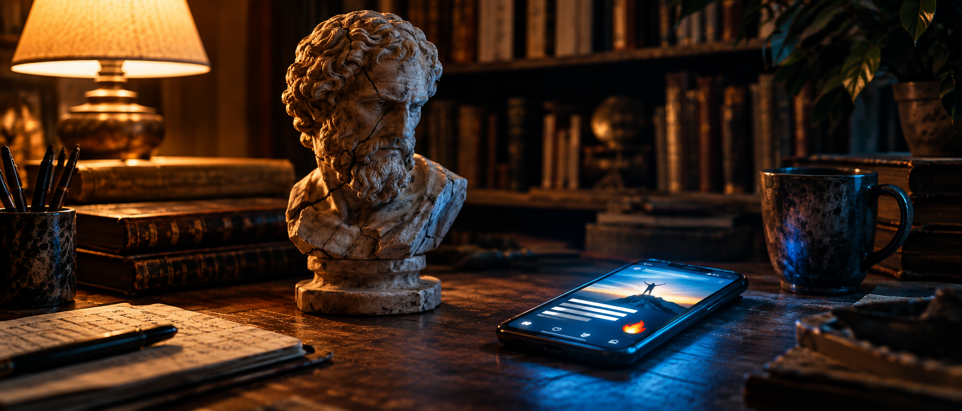A classic marble bust of a Greek philosopher sits on a vintage library desk, gazing down at a modern glowing smartphone screen. In the blurred background, old bookshelves represent the historical foundation of learning, contrasting with the digital monetization of knowledge and social media metrics displayed on the device.