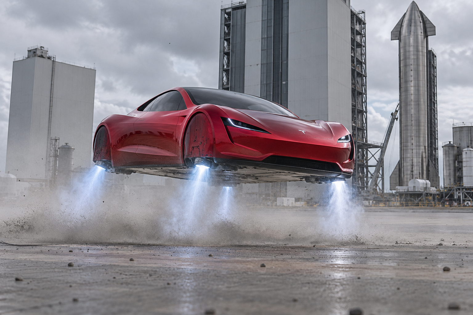 Electric sports car flipping mid-air on cold-gas thrusters at a Texas test site, illustrating the Tesla Roadster SpaceX thrusters demo