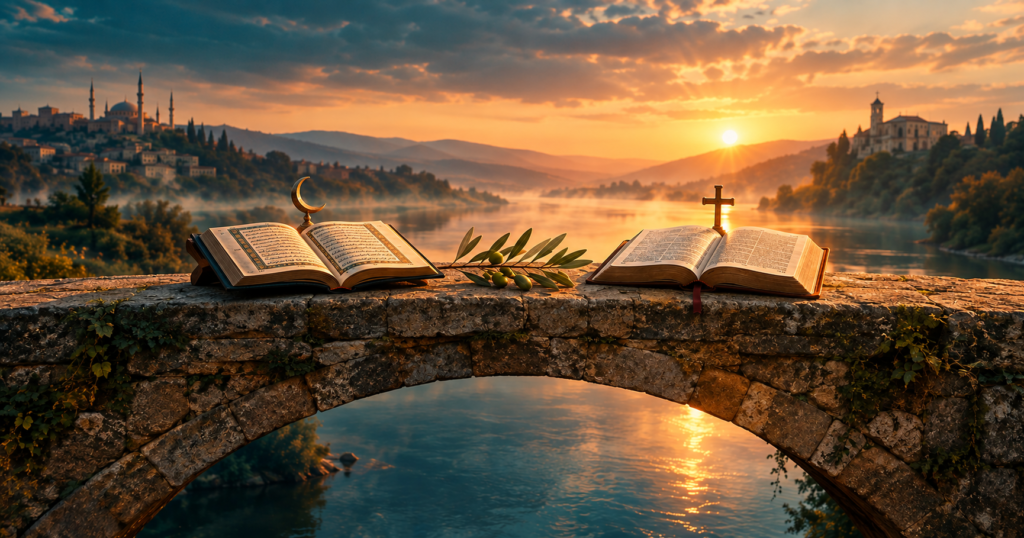 A scenic photograph featuring the Quran and the Bible open on an ancient stone bridge at sunrise, with an olive branch between them. Below the books are two stone-carved symbols, a crescent moon and star on the left and a cross on the right. In the distance, a mosque and a church stand on opposite hills overlooking a misty river valley, symbolizing the harmonious relationship and shared values, including the revered status of Jesus in Islam.