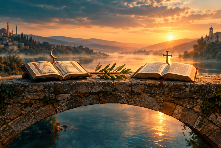 A scenic photograph featuring the Quran and the Bible open on an ancient stone bridge at sunrise, with an olive branch between them. Below the books are two stone-carved symbols, a crescent moon and star on the left and a cross on the right. In the distance, a mosque and a church stand on opposite hills overlooking a misty river valley, symbolizing the harmonious relationship and shared values, including the revered status of Jesus in Islam.